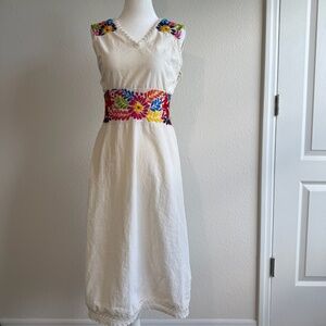 Vintage Embroidered Linen Sundress | Boho Floral Midi Dress | Small